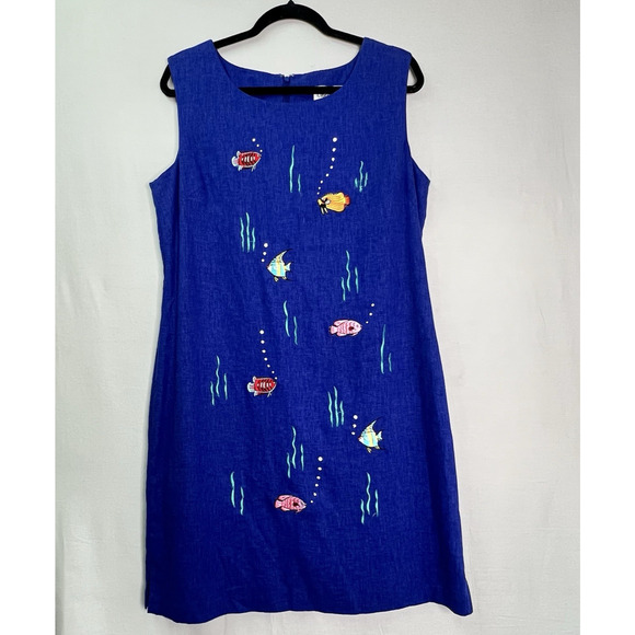 Vintage Ultra Dress Ocean Themed Novelty Print Fish Sheath‎ Linen Dress Sz 14 - Picture 1 of 14